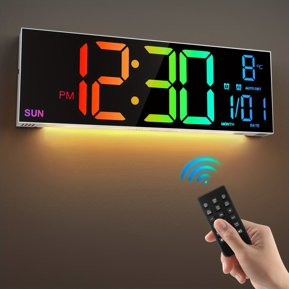 16.5'' Large Digital Wall Clock with Remote Control, Big LED/2 Alarms/8 RGB/Auto Brightness/Date/Auto DST/Temperature/Ambient Light/Dimming/Timer, Gym Clocks for Living Room, Bedroom, Office, Kitchen Home Decor, Easter Decorations, Mother's Day Gifts