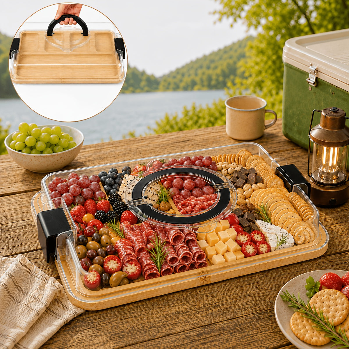 Cutting Board Charcuterie Tray with Clear Lid, 5-Compartment Bamboo Serving Board with Handle And Side Locks, Reusable Snack Platter for Cheese, Fruit, Crackers, Appetizers, Party, Picnic, Kitchen, Holiday Gathering