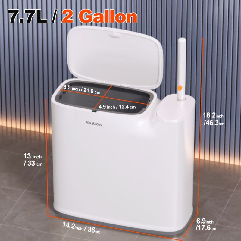 2-In-1 Trash Can with Toilet Brush And Brush Head | White Rectangular Modern Bathroom Narrow Seam Trash Can with Push-On Lid, Disposable Toilet Brush, Ivory, Bathroom Decor And Additions, Floor Mount, Plastic, JOYBOS