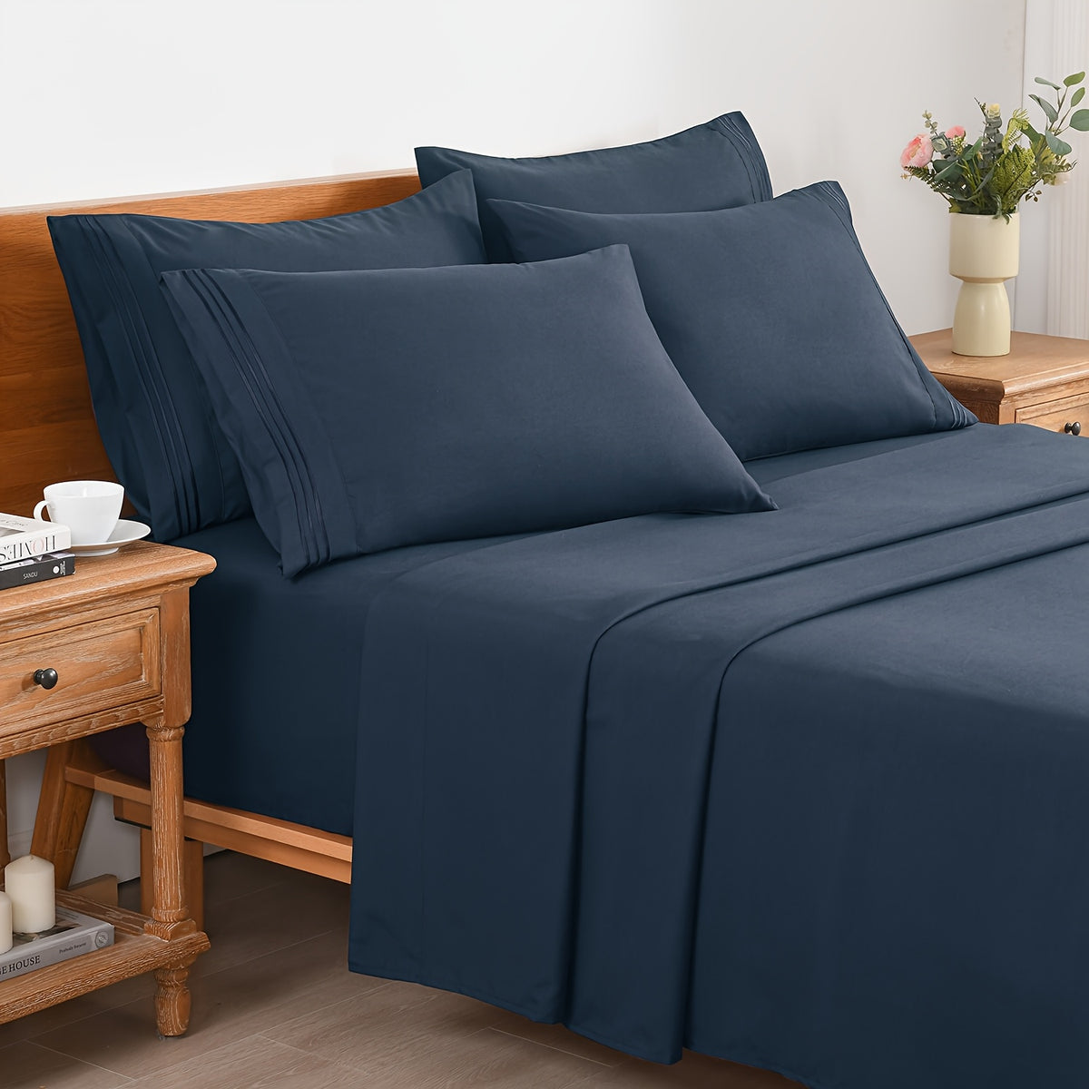 6pcs Summer Cooling Bed Sheet Set, 18 Inch Deep Pocket Ultra Soft Breathable Polyester Solid Color Bedding Three Embroidery 100 GSM Anti Fading Wear Resistant Wrinkle Free Easy Care Bedroom Home Decor