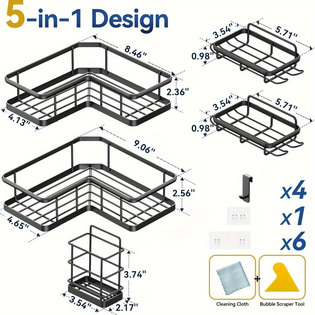 Shower Corner Storage Set, 5-Pack No-Drill Rustproof Bathroom Caddy Shelves with Soap Holder and 4 Removable Hooks for Shampoo and Toiletries