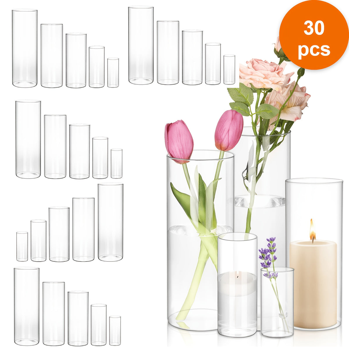 TOMNK 15/20/25/30pcs Glass Cylinder Vases, 5 Sizes Transparent Vase, Hurricane Vases, Glass Flower Vases for Wedding Decorations, Home Decor, Party, Home, Office Decoration, Decoration Vase for Teacher Appreciation, Mother's Day And Graduation Gifts