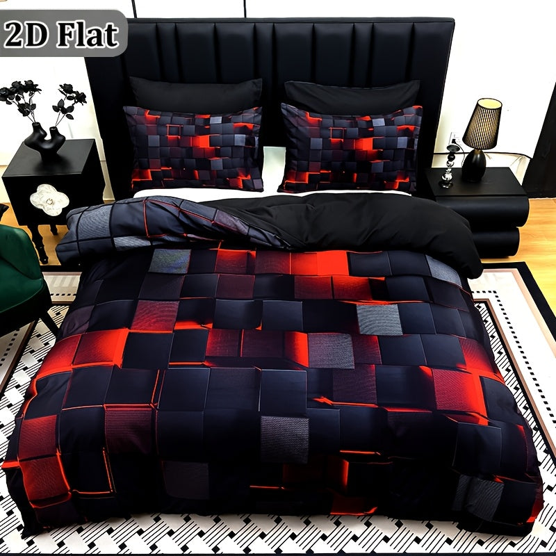 2D Flat 3pcs Cool Technology Digital Printing Material Quilt Cover Set Four Seasons Product, Red And Blue, Four Sizes (Twin, Full, Queen, King) (1pc Quilt Cover And 1/2pcs Pillowcases, Without Filling)