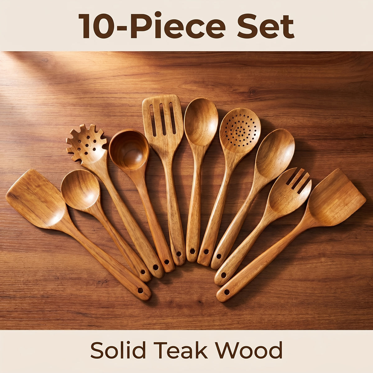 A Set of 10pcs High-Quality Thick-Walled Teak Cookware, Non-Stick Friendly, Heat-Resistant, with Ergonomic Handles, Comfortable Grip, Suitable for Stirring, Baking, Serving And Easy Cooking, 730G/ 1.61Lb