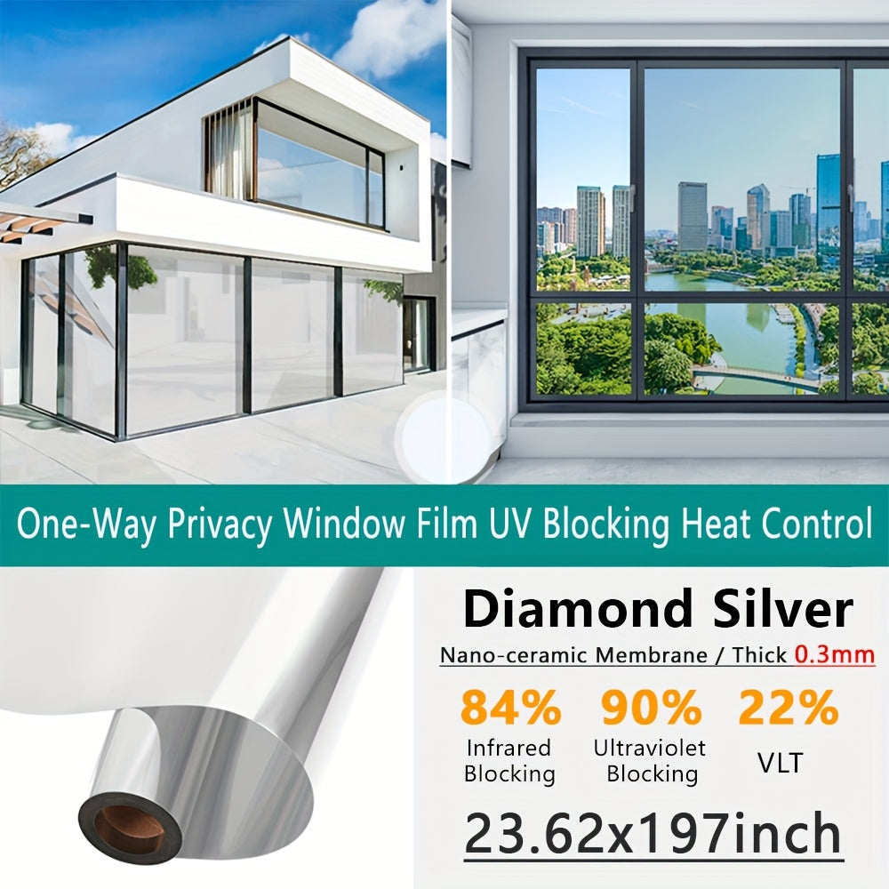 One-Way Privacy Window Film - Sun Blocking, Blocking & Heat Control Static Cling Film, Energy Saving Anti-Glare Reflective Coating No Glue- Easy Install For Home Office Hotel. Anti-Peeping | Glare Reduction Film | Reflective Glass Film(23.6''x118'')