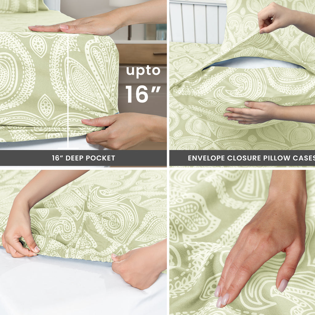 Paisley Bed Sheet Set, Soft Double Brushed Microfiber Bedding with 16-Inch Deep Pocket Fitted Sheet and Pillowcases in Six Sizes for Bedroom Comfort