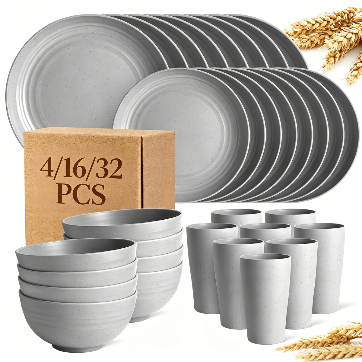 [Unbreakable Dinnerware Set] 32/16/4pcs Wheat Straw Dinnerware Set | Service for 8/4, Large Size Modern Dish Set-Plate/Dessert Plate/Bowl/Cup, Lightweight Tableware, Perfect for Camping, Gifts for Christmas/Halloween, Local Warehouse Items