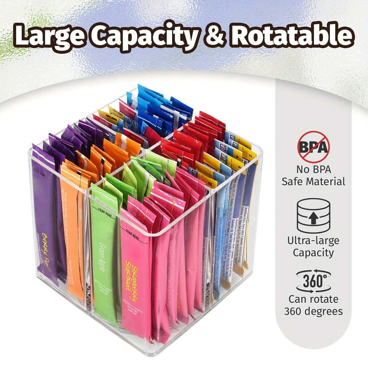 Square Rotating Storage Rack for Powdered Beverage Mixes/ Water Flavored Pouches/ Beverage Mixing Accessories Organizer