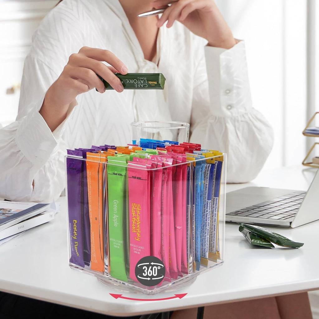 Square Rotating Storage Rack for Powdered Beverage Mixes/ Water Flavored Pouches/ Beverage Mixing Accessories Organizer