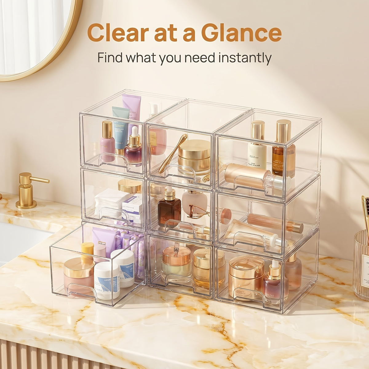 8 Pack Acrylic Bathroom Makeup Organizer, 7.5"D X 6"W X 4.4"H Clear Stackable Storage Drawers, Plastic Storage Bins for Vanity, Home Organization And Storage