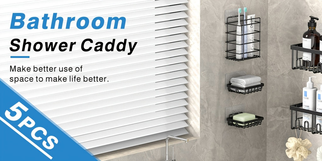 Shower Caddy Organizer, 5-Pack Adhesive Rustproof Stainless Steel Shower Shelves with Soap Holder, No Drilling Shower Storage Rack for Family Renters Bathroom, Random Colors to Choose, Shower Caddies