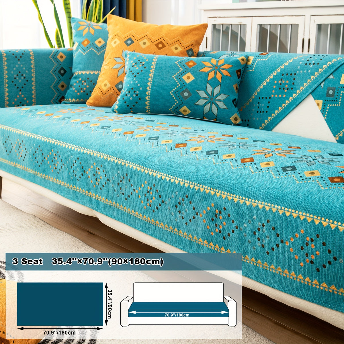 1pc Bohemian Chenille Sofa Cover Suitable for Sofa Sizes (Single to Four-Seater) - Thick Plush Non-Slip Couch Cover with Geometric Embroidery, Chenier Fabric Slipcover Fits for Sectional Sofas, Machine Washable Furniture