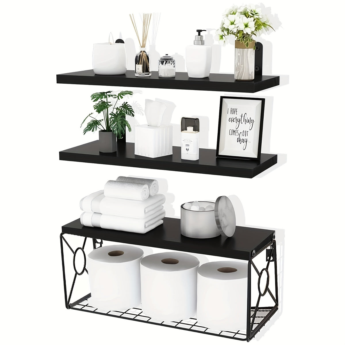 3pcs Wall Mounted Floating Shelves Over Toilet | Small Farmhouse Decor Shelf for Toilet Paper Storage, Unfinished Wood End, Black and Brown