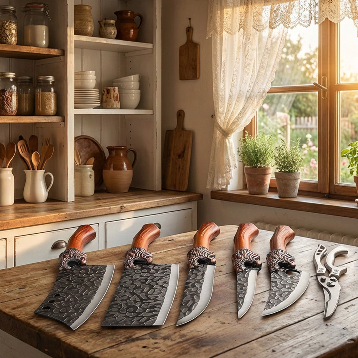 Professional Forged Stainless Steel Kitchen Knife Set(7pcs/6pcs)- Includes a Boning Knife, Slicing Knife, Carving Knife, Fish Knife, Butcher Knife, and Scissors. Suitable for Meat and Fish; Ultra-sharp and Durable Knives.