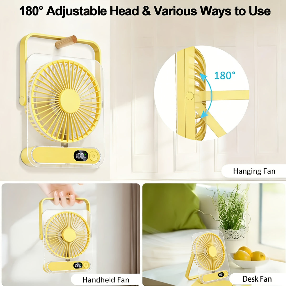 Portable USB Desktop Fan with 3000 Mah Battery - Ultra-Quiet, 5 Speeds, 180° Adjustable And Foldable Design, Digital Power Display, Suitable for Home, Office, And Travel Use, for Travel, For Outdoor Camping Travel