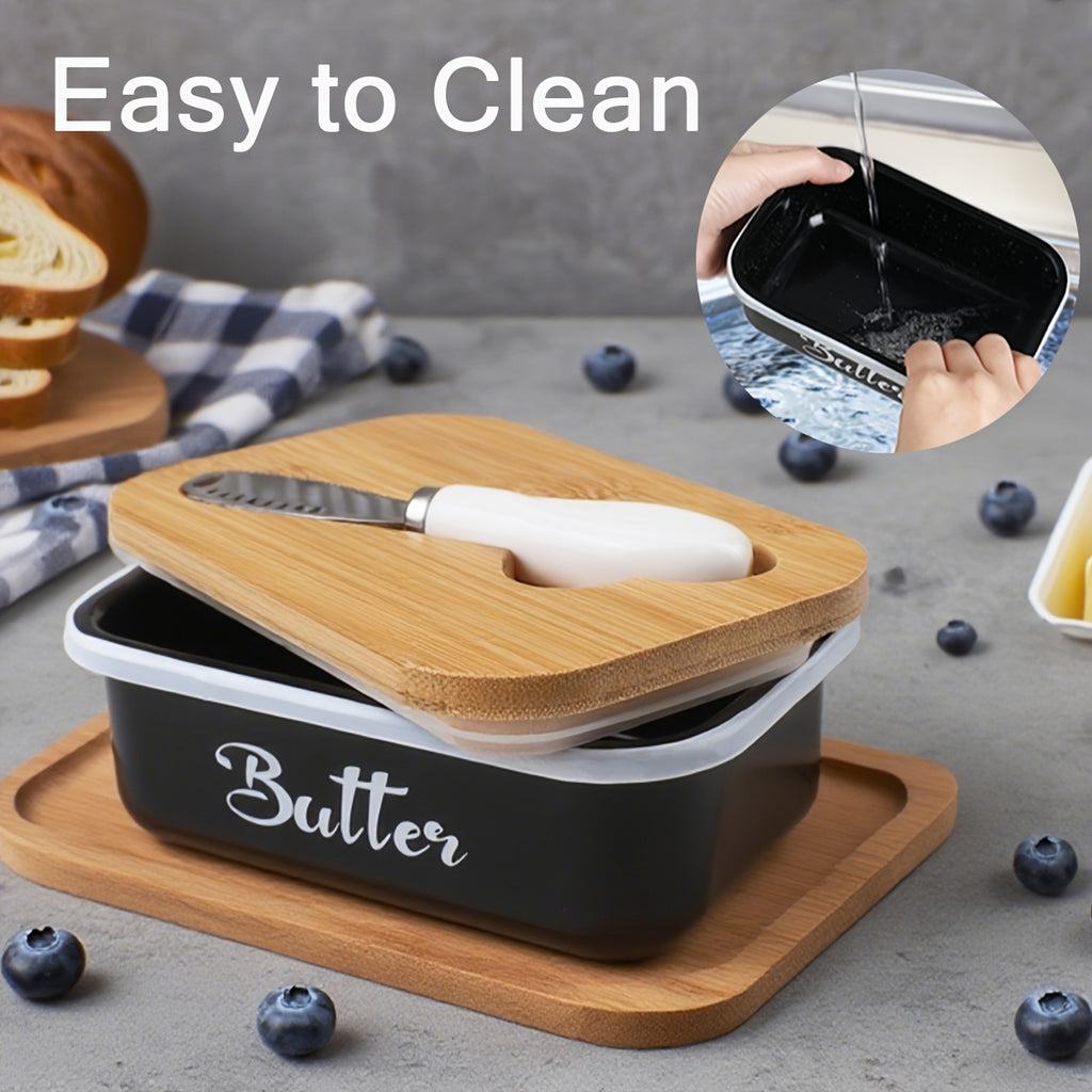 Iron Butter Tray with Bamboo Cover and Knife Large Capacity - Airtight Cheese Storage Box Kitchen Storage Items - Complete Colors - Mother's Day Thanksgiving Christmas Gifts Butter Storage Container Holiday Serving Elegant Durable