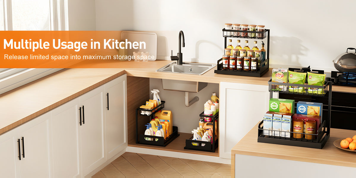 2-story Kitchen Sink Storage Containers, Push-pull Cabinet Organizer, Kitchen and Bathroom Organizers and Storage, Study, Tabletop, Metal Sliding Drawers, Practical and Convenient Kitchen Accessories Essentials, Kitchen Organizers and Storage