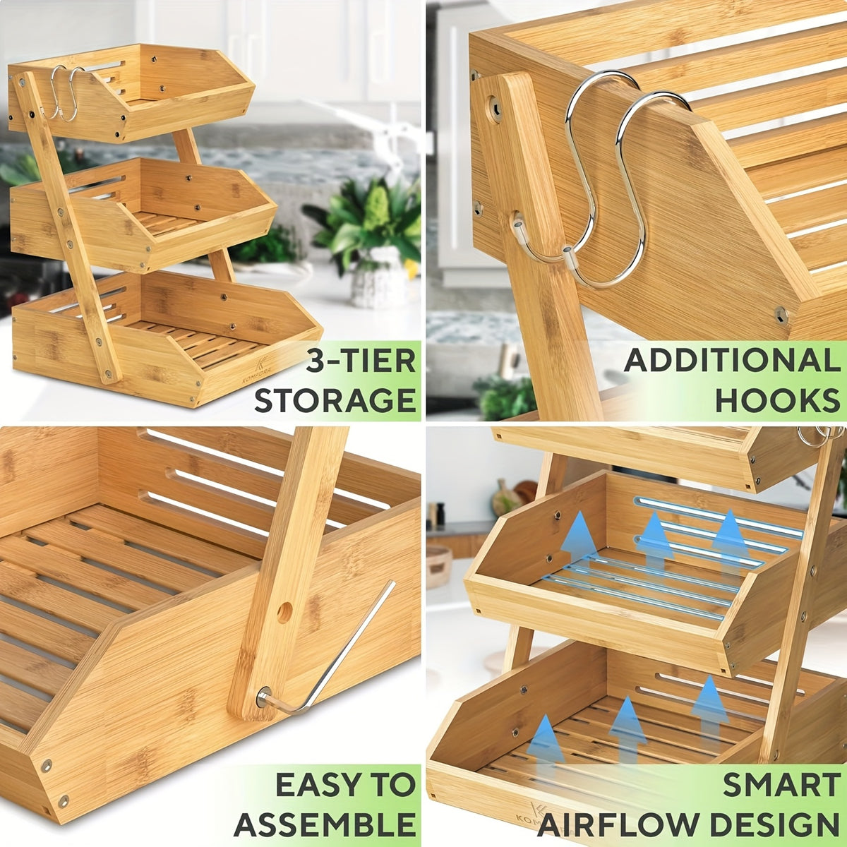 Stackable Bamboo Kitchen Organizer 2 Or 3 Tier Space-Saving Storage Rack for Fruits, Vegetables, Bread & Snacks Multi-Tier Bamboo Storage Basket Compact Stackable Display Tray for Kitchen, Pantry Holds Produce, Bakery & Snacks