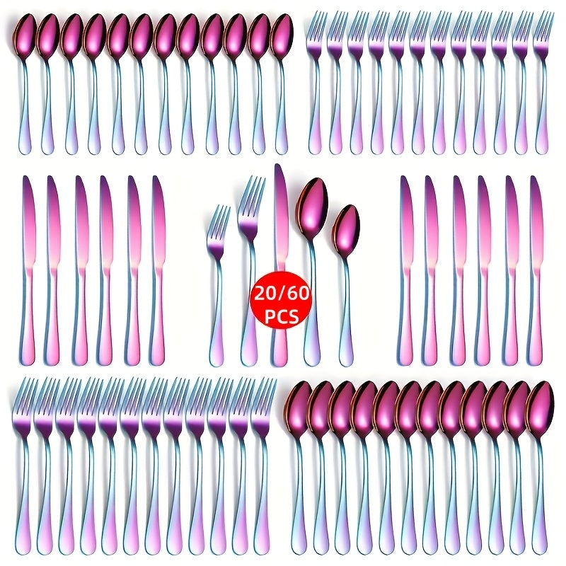 60/20pcs Stainless Steel Rainbow Cutlery Set - Sturdy Commercial Cutlery for Dining Establishments, Weddings & Home Use | Safe for Dishwashers, Rust-Resistant