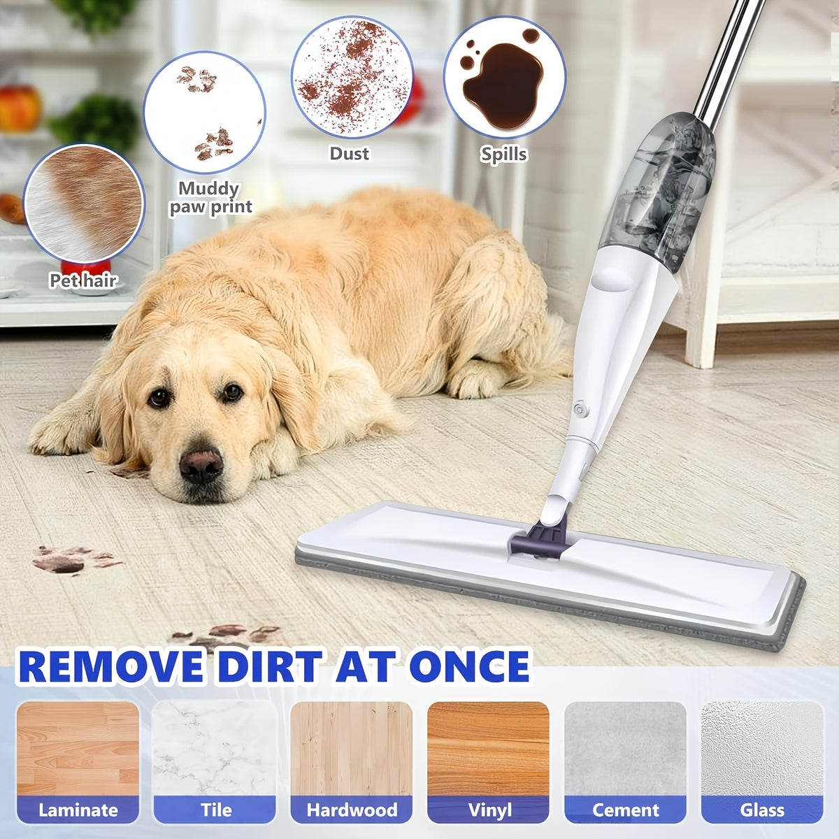 This Multifunctional Microfiber Spray Mop Comes with Replaceable Mop Pads, Making It Ideal for Both Wet And Dry Cleaning on Hardwood, Laminate, Tile, And Ceramic Surfaces. It'S Perfect for Use in Kitchens, Bathrooms, And Living Rooms