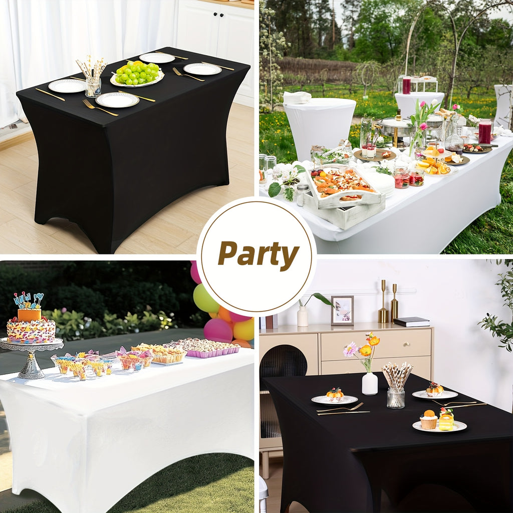 TOMNK 2pcs/3pcs Stretch Spandex Tablecloth, Rectangular, 4ft/6ft/8ft, Black/White, Wrinkle-Resistant Material, Suitable for Wedding Banquets, Trade Shows, Bridal Showers, Graduation Parties, Mother's Day Decorations, Halloween, Christmas
