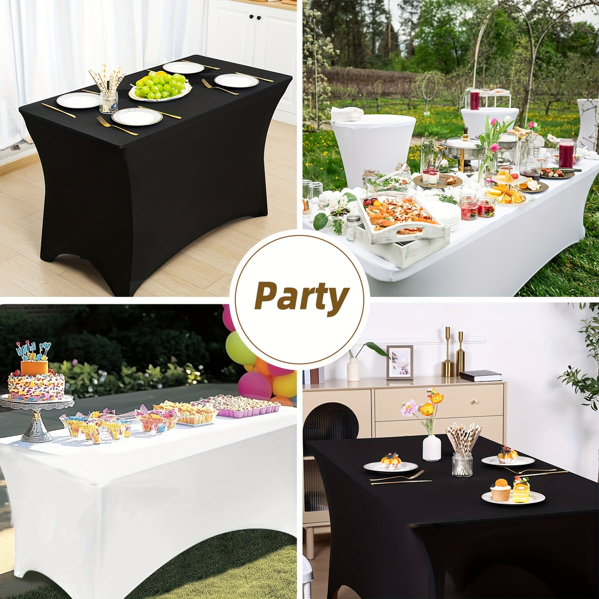 TOMNK 2pcs/3pcs Stretch Spandex Tablecloth, Rectangular, 4ft/6ft/8ft, Black/White, Wrinkle-Resistant Material, Suitable for Wedding Banquets, Trade Shows, Bridal Showers, Graduation Parties, Mother's Day Decorations, Halloween, Christmas