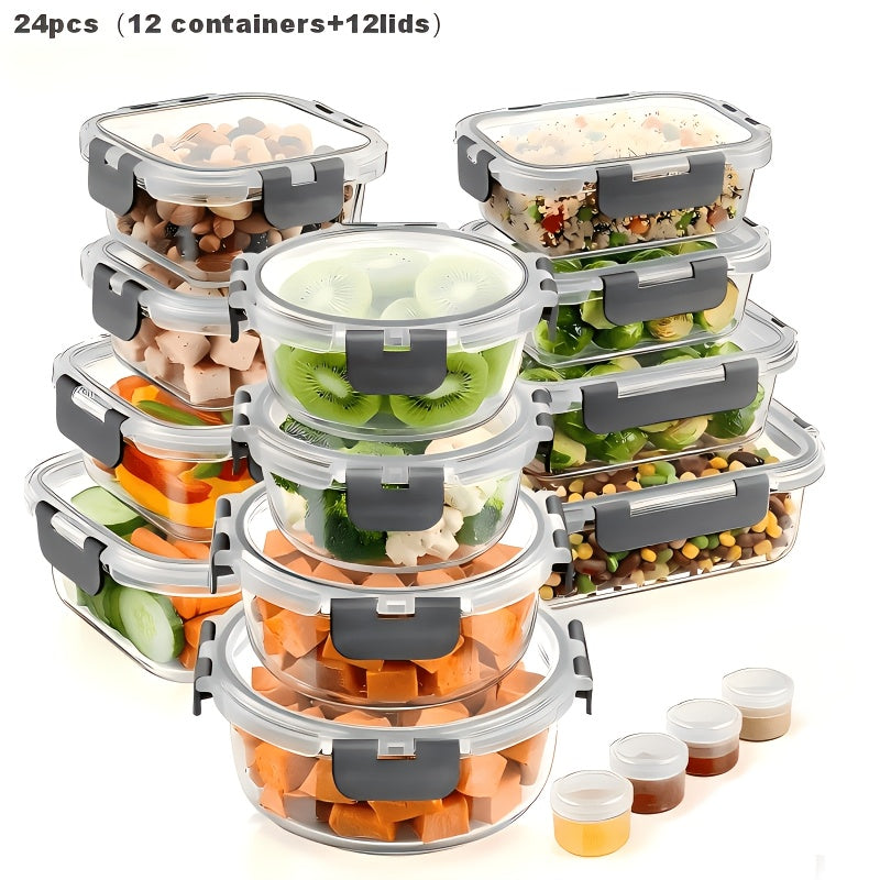 24-piece Glass Food Containers with Lids, Meal Prep, Food Storage Kitchen Lunch Containers, Leak-proof, Sealed Glass Lunch Bento Boxes, Suitable for Microwave, Oven, Refrigerator, and Dishwasher,Grey