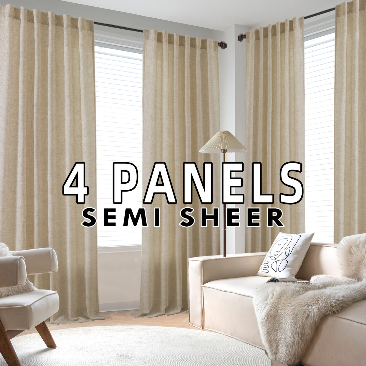 4 Panels Natural Linen Curtains for Living Room Semi Sheer Farmhouse Real Flax Rod Pocket Back Tab Boho Rustic Light Filtering Window Drapes for Bedroom Privacy Assured