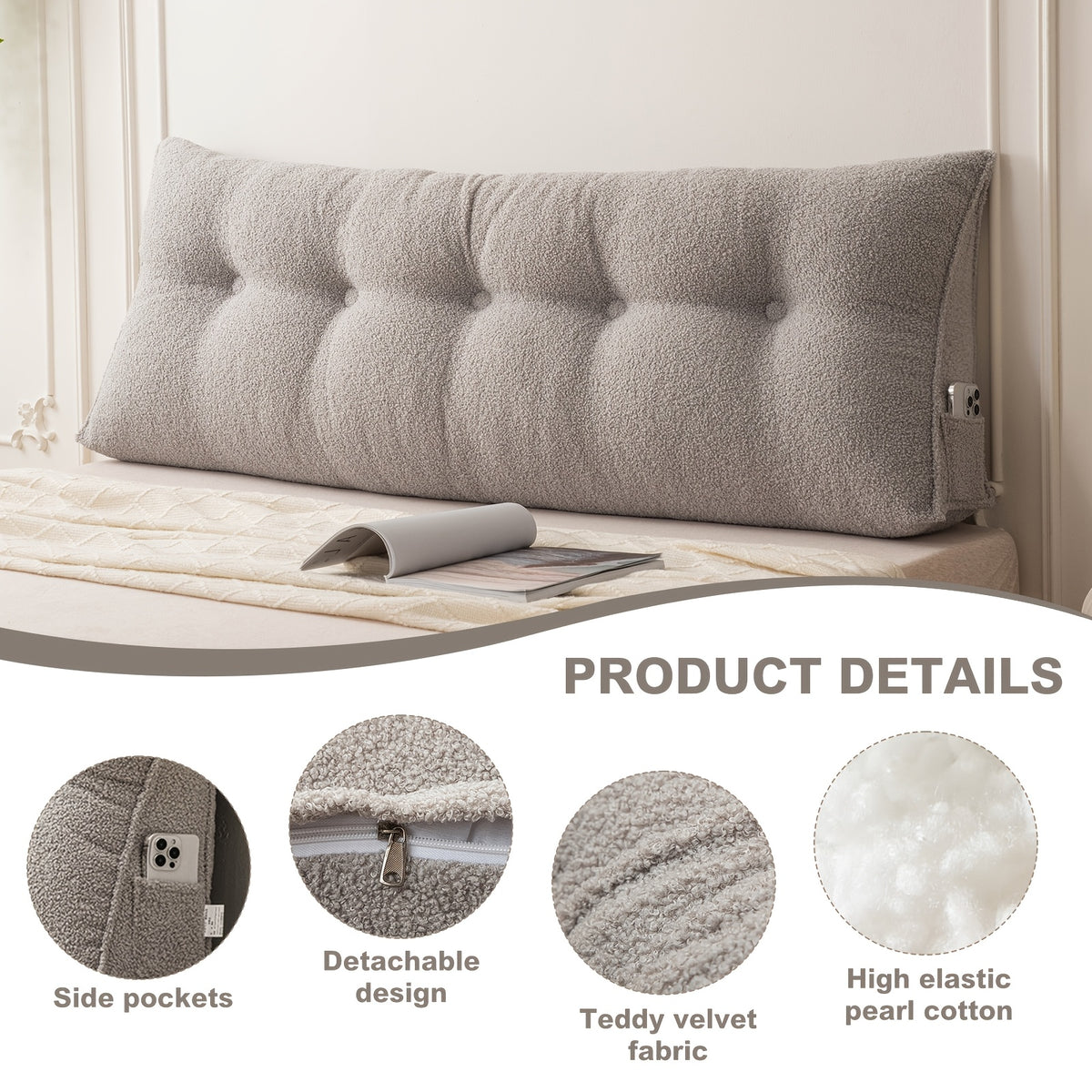 Headboard Reading Pillow, Triangular Teddy Velvet Backrest Cushion with Side Pocket and Removable Washable Cover for Twin, Queen and King Beds