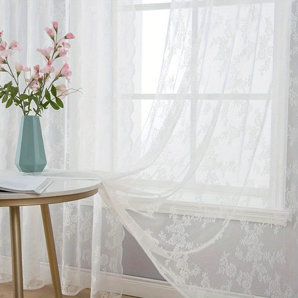 Romantic Pastoral Lace Sheer Curtain for Balcony and Office, Translucent Window Drapery with Floral Pattern, Machine Washable Polyester, Rod Pocket Design - 1pc
