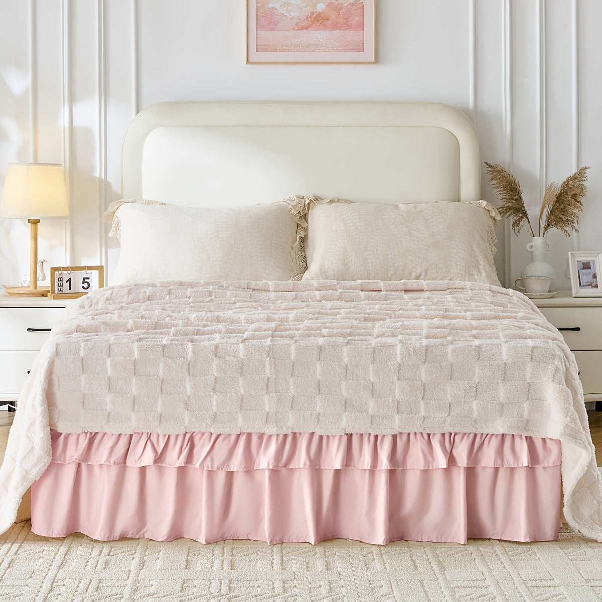 Double Ruffle Bed Skirt 16 Inch Drop, Elastic Wrap Around Bed Skirts For Twin Full Queen King Size Bed, Easy To Install Dust Ruffle, Machine Washable Soft Fabric, Multi Ruffle Bedskirt For Bedroom Bedding Home Decor