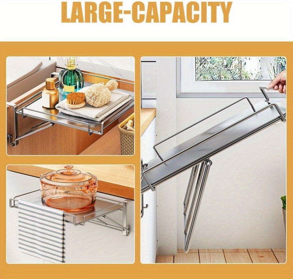 Foldable Stainless Steel Countertop Storage Rack, Silvery, Black, Kitchen Storage Rack, Cabinet Door Hanging Table Board, Bathroom Shelf, Multi-functional Hanging Cabinet Door Organizing Rack, Space-saving