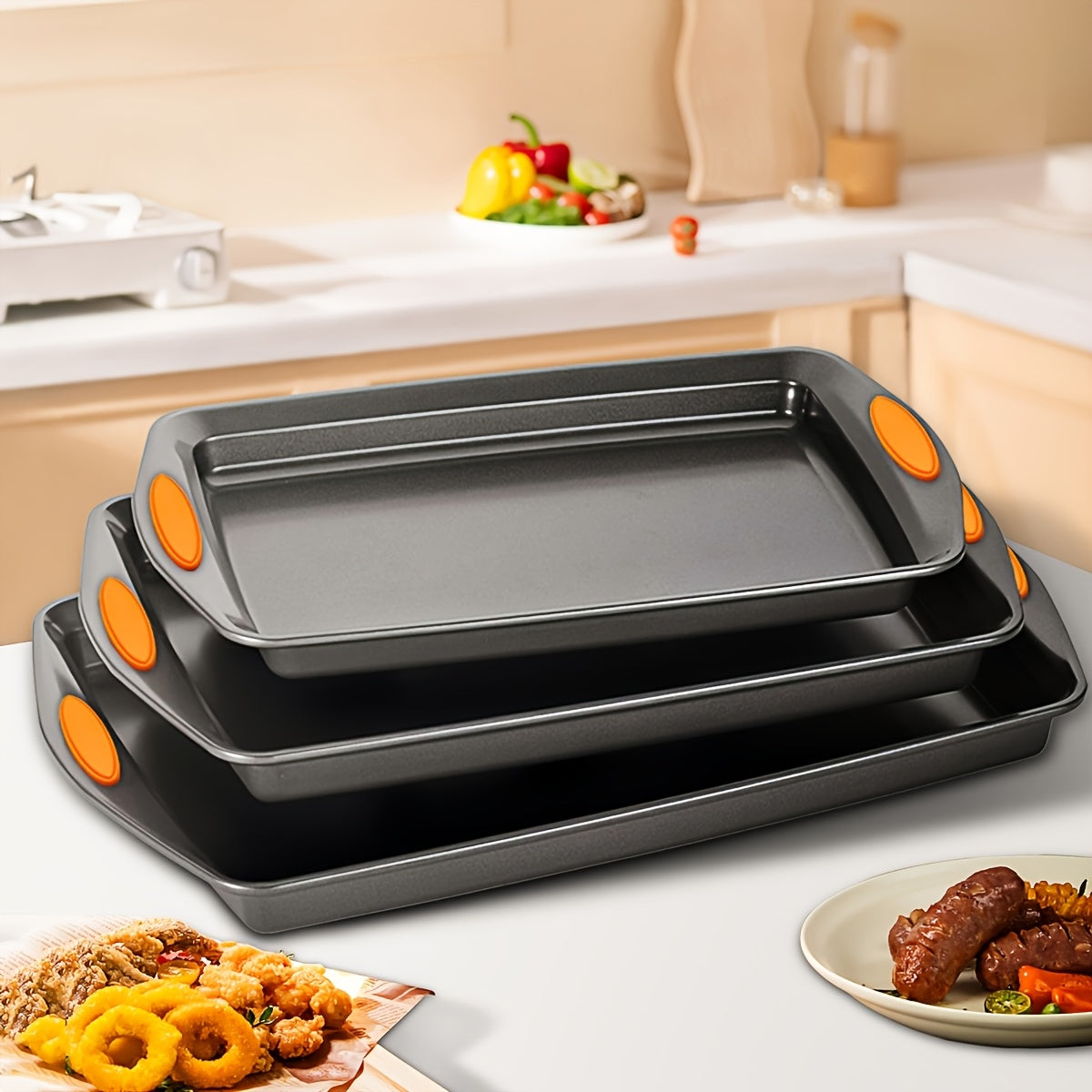 2/3/6/12/23pcs Non-Stick Baking Sheet Set, Assorted Size Cookie Trays with Orange & Blue Silicone Handles, in Gray, Black & Golden, Stackable Bakeware for Baking & Roasting