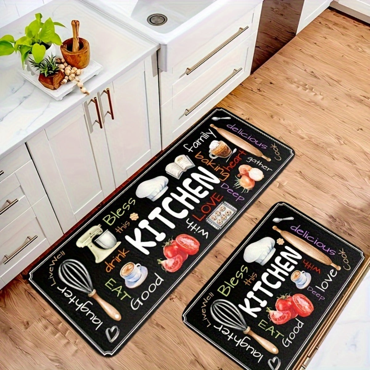 Bless This Kitchen Floor Mat Set, 3-Piece Black Decorative Rugs with Colorful Utensil and Food Print for Sink Areas, Cooking Spaces and Home Decor
