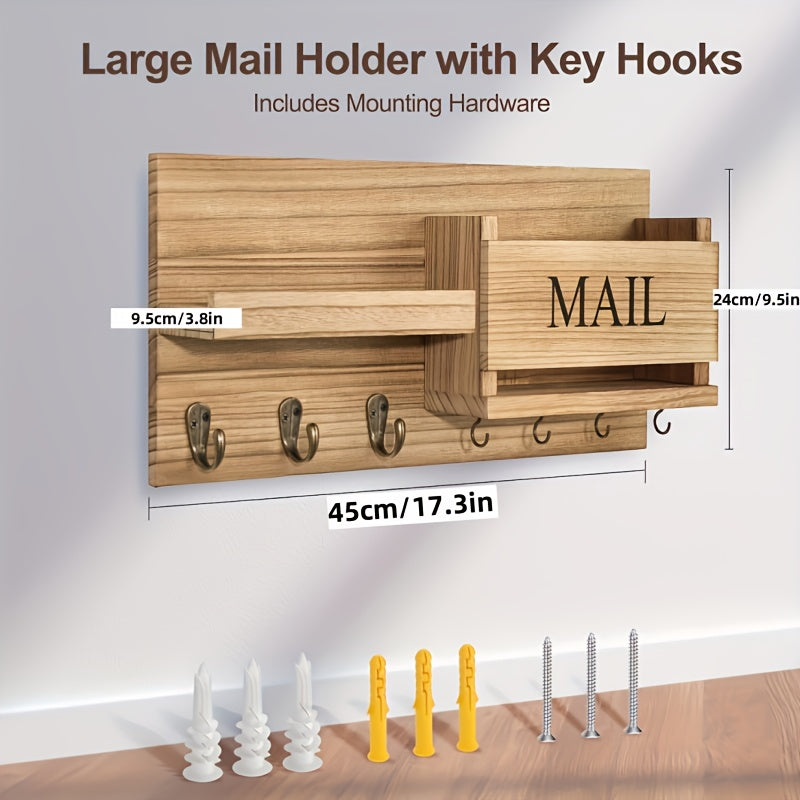 Solid Wood Wall-Mounted Storage Rack with Mailbox Slot, Door Handle & Decorative Hooks - Multifunctional Organizer for Keys, Hats, Books - Space-Saving Entryway, Bedroom, Bathroom, Living Room - Durable Wooden Construction, Contemporary Design, Wooden Sto