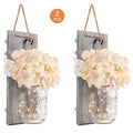 Mason Jar Wall Sconces with Ivory Hydrangea Flowers, Set of 2 Rustic Hanging Light Accents for Farmhouse Living Rooms, Hallways and Entryways