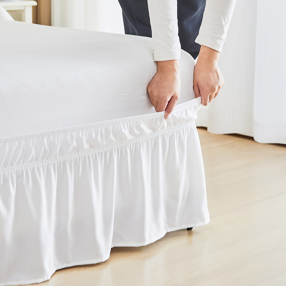 Leafy Sleep Elastic Bed Ruffle, Easy Wrap Around Ruffle, Microfiber Bed Skirt with Adjustable Elastic Belt 15 Inch Tailored Drop, Hotel Quality Bed Skirt, Fade Resistant, Easy Fit, Machine Washable