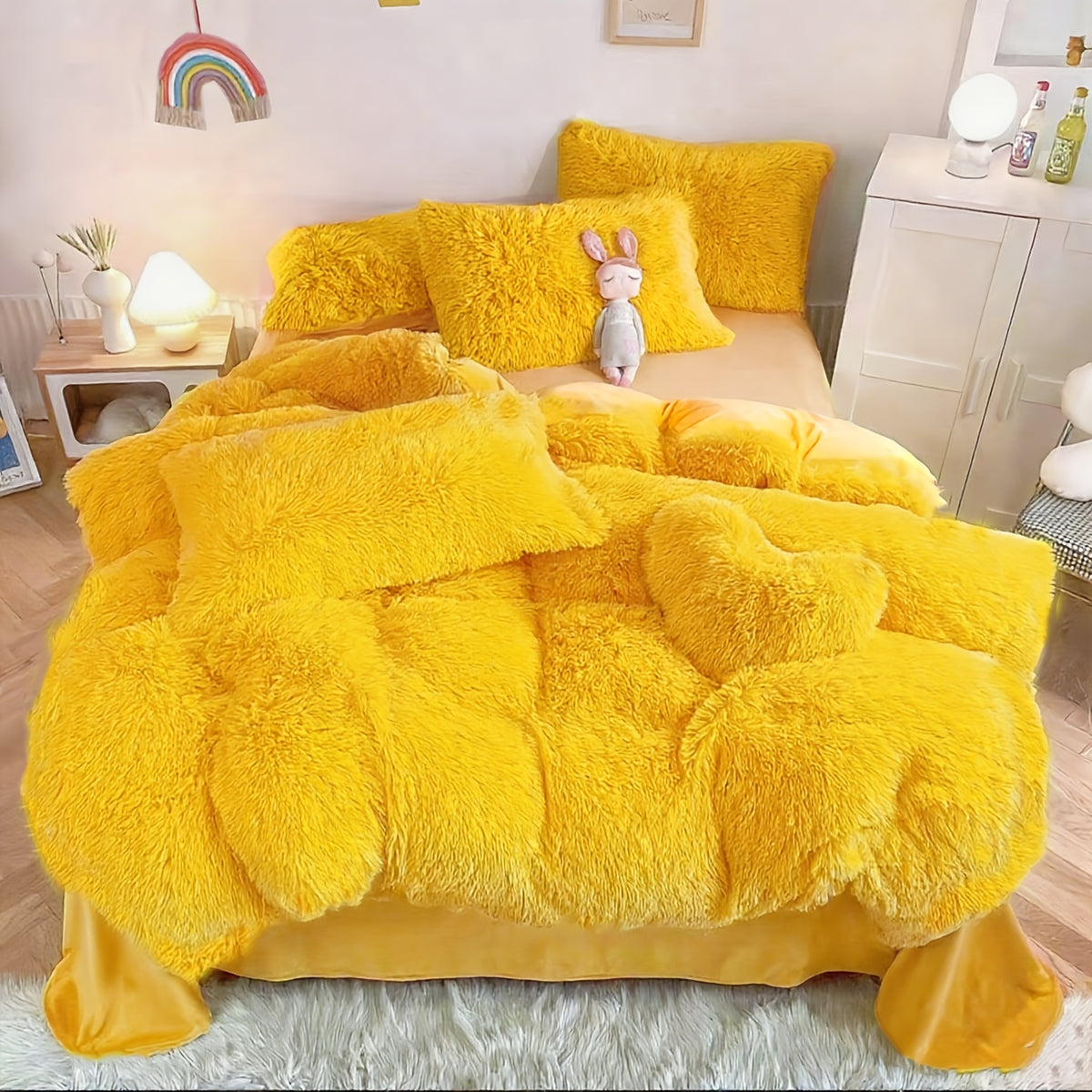 3/4pcs Plush Faux Fur Comforter Cover Set for Kids & Teens - Includes Pillowcases + Plush Heart Pillow - Twin/ Queen/ King Sizes - Super Soft, Warm, Machine Washable (Duvet Cover Only, No Comforter)