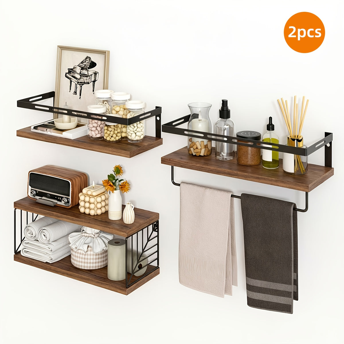 TOMNK 3+1 Tier Wall-Mounted Shelf with Black Metal Guardrails and Storage Baskets, Sturdy and Durable, Space-Saving, Multi-Functional Home Decor, Suitable for Kitchen, Bathroom, Bedroom, Living Room, Small Indoor Spaces, Wall Decoration