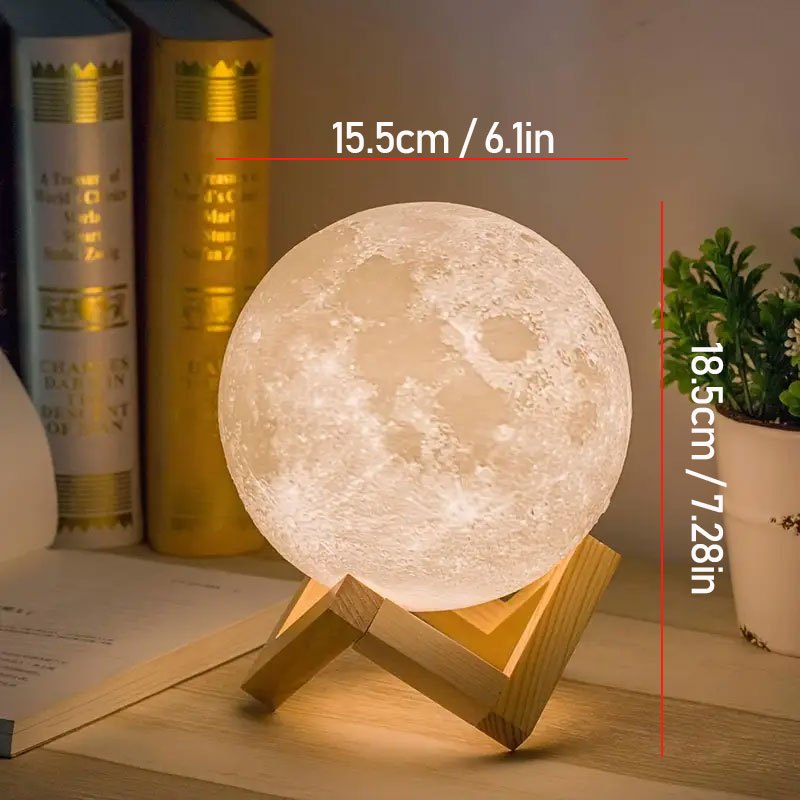 16-Color RGBW LED Moon Lamp with Remote Control & Wooden Stand - 3D Printed Night Light, USB-Powered Bedside Lighting, 6.1-Inch Realistic Moon Design for Bedroom, Room Decor, Birthday Gifts for Women, Moms, Friends (Plastic Construction