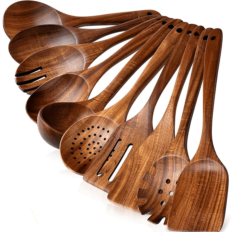 10pcs Non Stick Cookware Set, Wooden Kitchen Utensils, Heat-resistant, Including Shovel And Perforated Wooden Spoon. It Is A Stylish And Durable Wooden Multifunctional Set Suitable For Kitchen, Cooking, Baking, As Well As Casual And Formal.900g