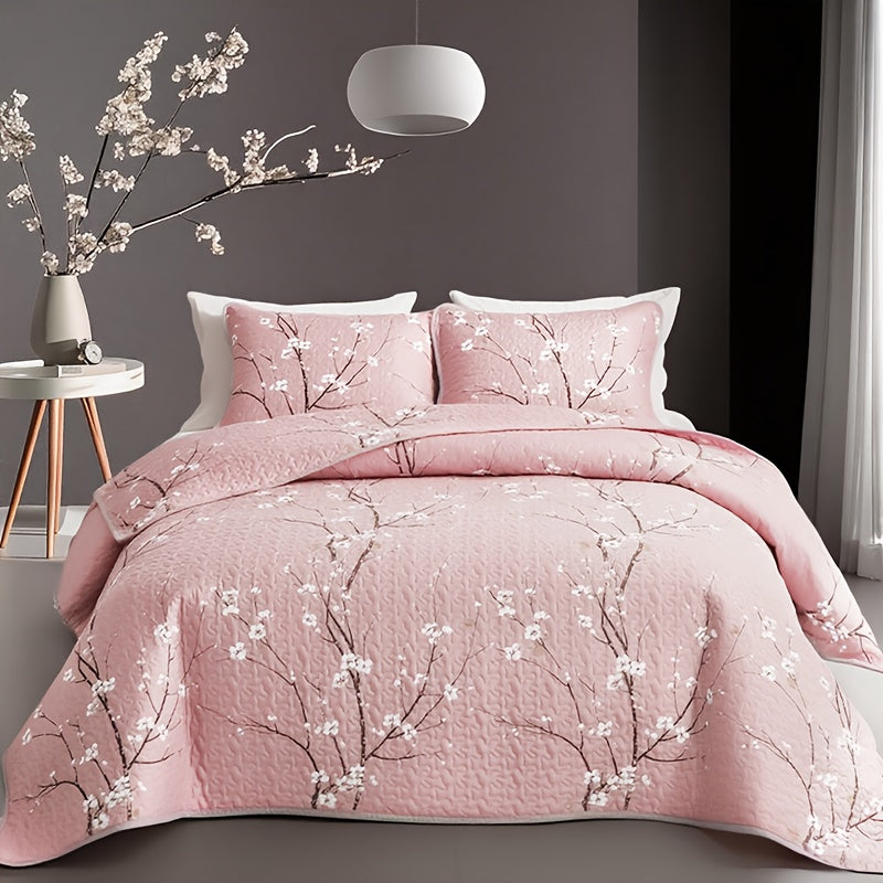 2/3pcs Multicolour Tree Branch Plum Blossom Quilted Quilt, 1pc Quilted Quilt+ 1/2pcs Pillowcases, Soft Breathable Comfortable Portability Hypoallergenic Machine Washable Bed Cover Bedding Room Decor, Twin/ Queen/ King Size