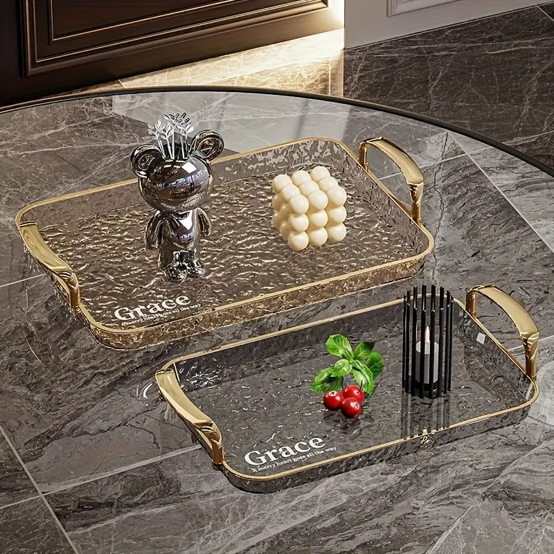 3pcs Transparent Elegant Golden-Rimmed Rectangular Trays Set, Large/Medium/Small PTE Transparent Serving Platters with Handles - Ideal for Fruits, Snacks, Pastries | Perfect for Parties & Festivals, Trays for Serving Food, Party & Festival Essenti