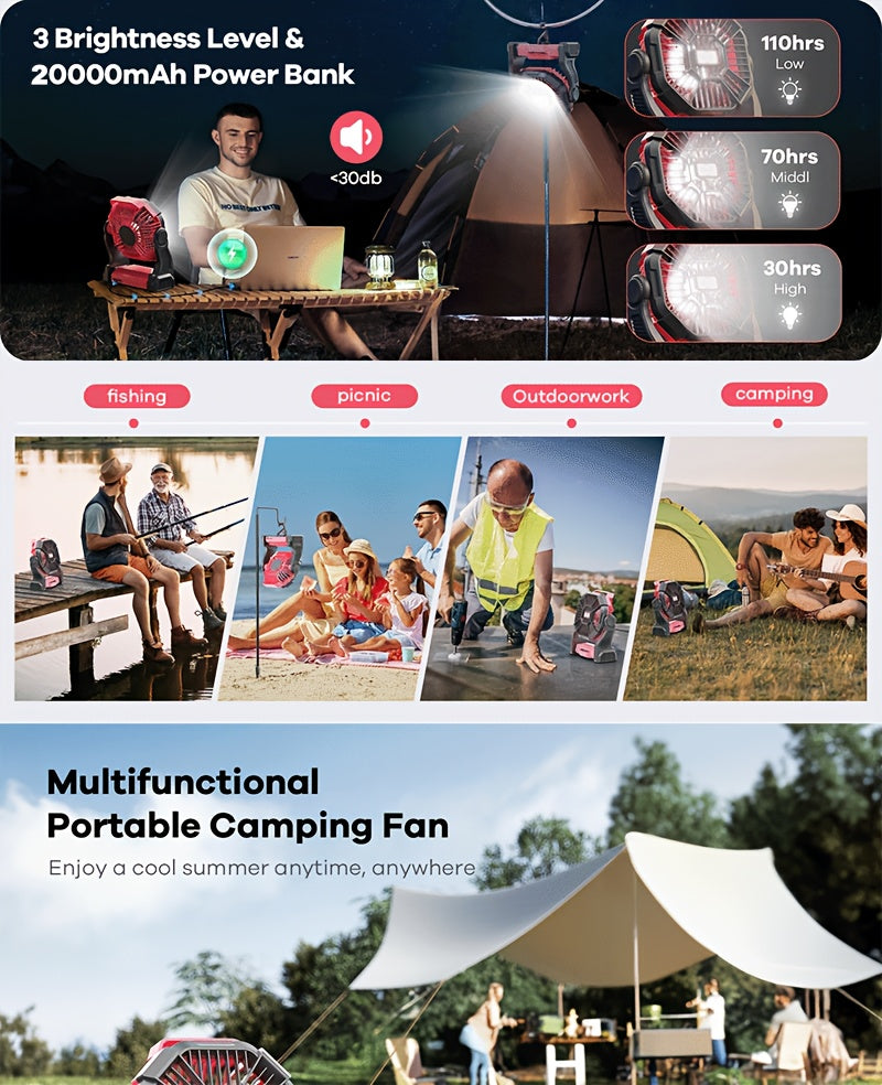 Rechargeable Misting Camping Fan, 20000mAh Portable Outdoor Fan with 4 Speeds, 200ml Water Tank, RGB Lighting and USB Output for Tent and Patio Use