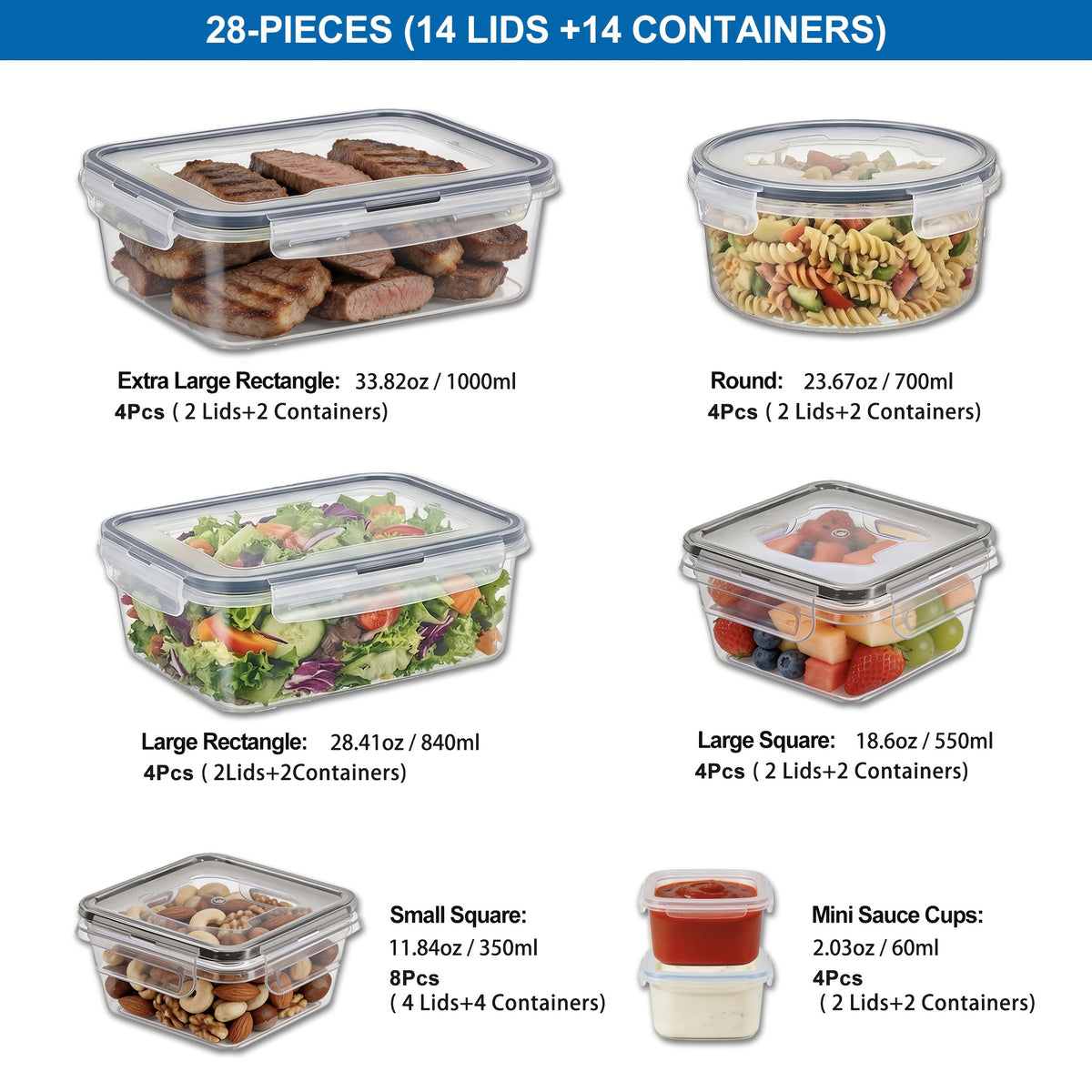 16/28/48pcs Food Storage Container Set, Airtight Containers with Secure Lids (8/14/24 Lids + 8/14/24 Containers) - Sealed Plastic Containers for Pantry, Travel, Outdoor Picnics, Kitchen Organization, Includes Labels And Markers