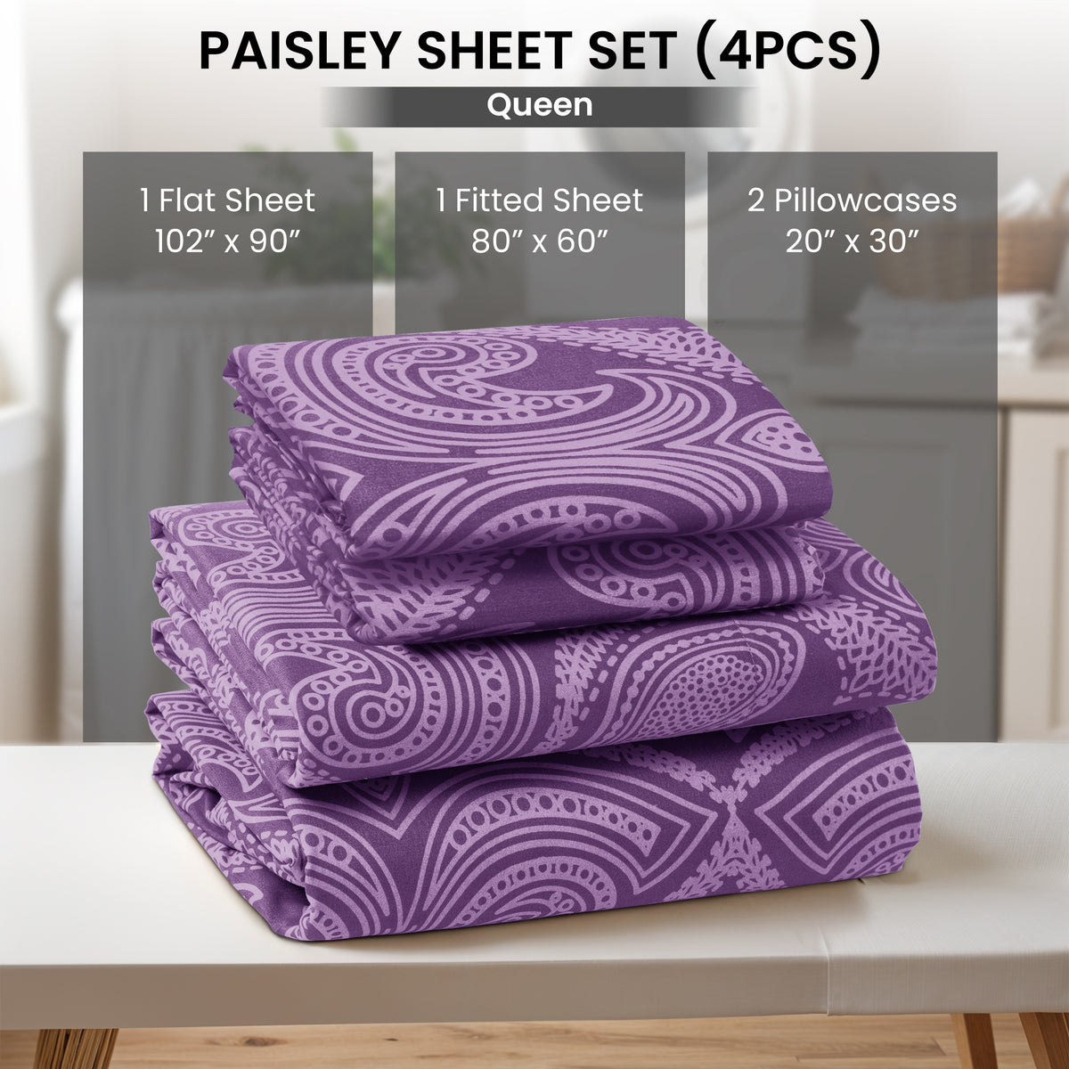 Paisley Bed Sheet Set, Soft Double Brushed Microfiber Bedding with 16-Inch Deep Pocket Fitted Sheet and Pillowcases in Six Sizes for Bedroom Comfort