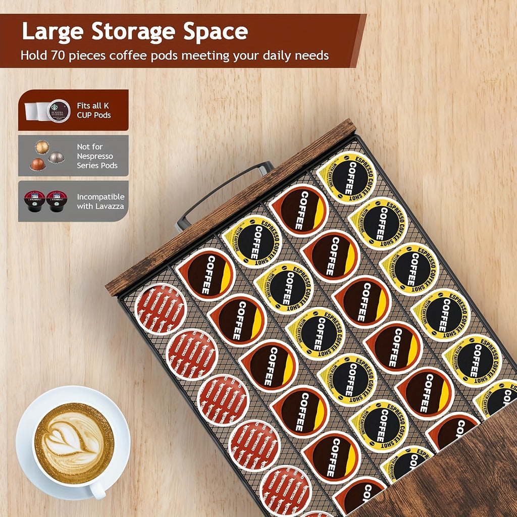 Double Deck Coffee Capsule Storage Rack & Mug Holder, Coffee Rack, K Cup Holder Drawer - Coffee Pod Organizer, Sturdy K Cup Storage Drawer With Mug Holder, 70 Capacity Pods, Home Kitchen Counter Organizer, Country Brown