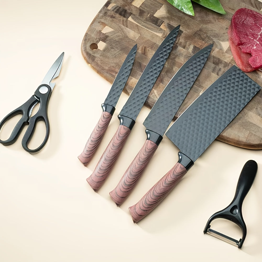 Professional 6pcs Kitchen Knives Set, Chef, Cleaver, Slicer, Utility Knife Peeler& Scissors High Carbon Stainless Steel Ultra Sharp with Non-Stick Ergonomic Wood Handle Cooking Chef Knife Set for Home Travel Vegetable, Meat, Fruit Gift Box