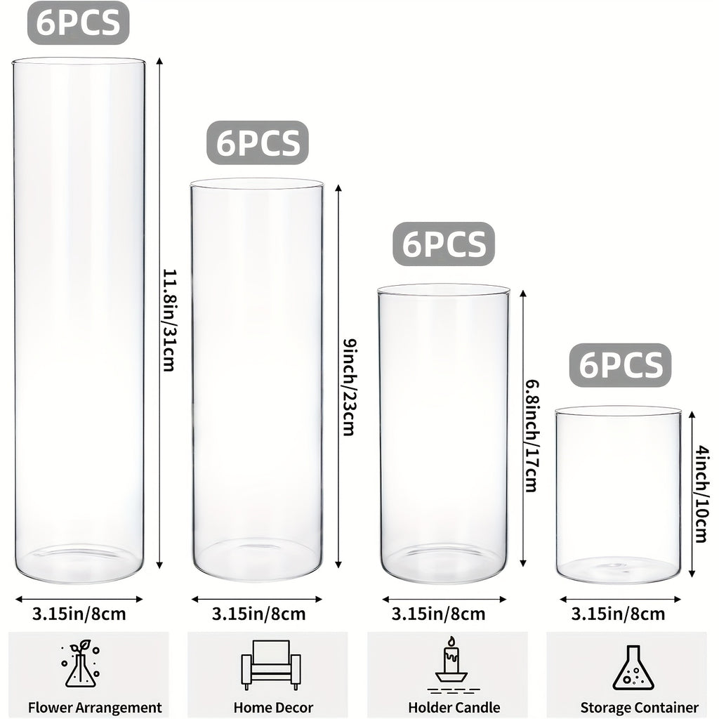 TOMNK 12/24pcs Glass Cylinder Vase 4, 6.8, 9, 12 Inch Glass Candle Holder Clear Vases for Centerpieces Tall Flower Vase for Wedding Home Decor Party 4 Different Sizes, Suitable for DIY Candle Making