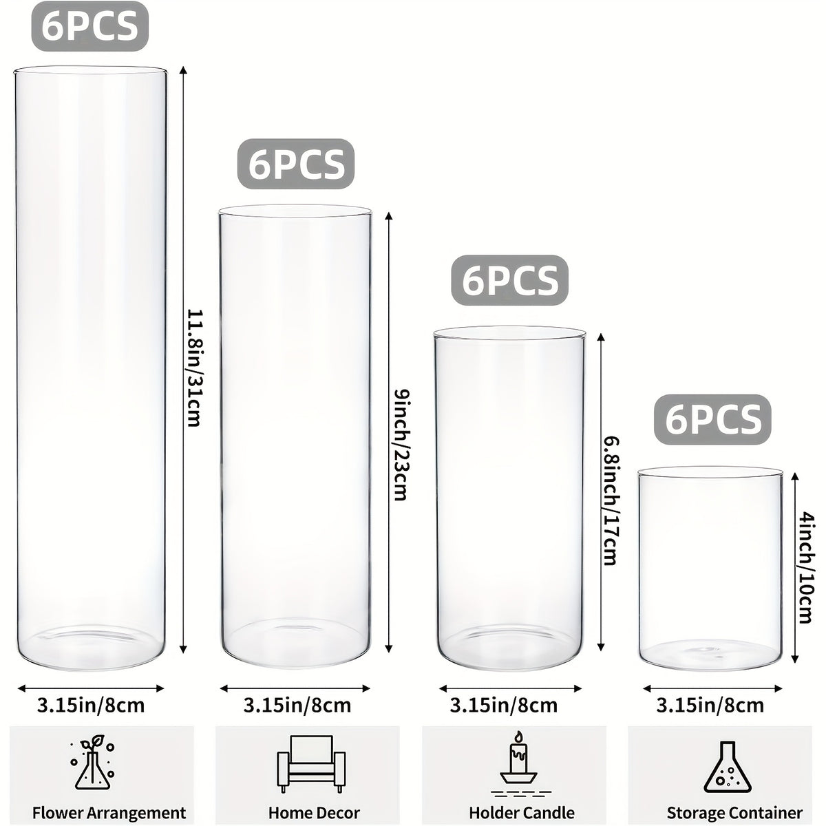 TOMNK 12/24pcs Glass Cylinder Vase 4, 6.8, 9, 12 Inch Glass Candle Holder Clear Vases for Centerpieces Tall Flower Vase for Wedding Home Decor Party 4 Different Sizes, Suitable for DIY Candle Making